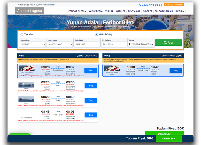 Yunan Adaları Feribot Bileti Online Satış Yazılımı